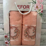 Подарочный набор полотенец для ванной 50х90, 70х140 Efor KURDELELI CICEK хлопковая махра коралловый, фото, фотография