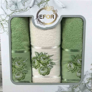 Подарочный набор полотенец для ванной 50х90(2), 70х140(1) Efor БУКЕТ РОЗ хлопковая махра зелёный