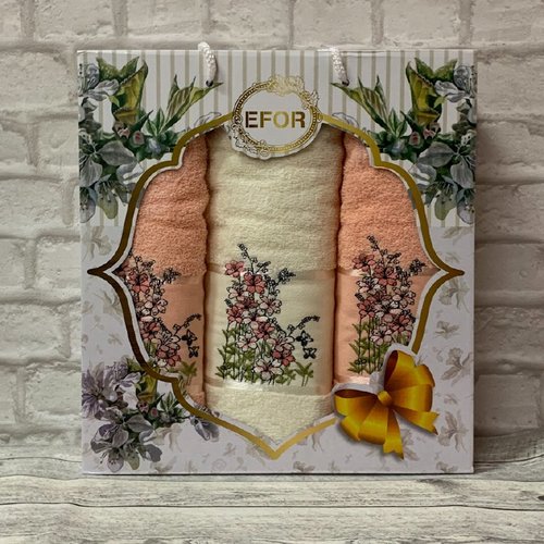 Подарочный набор полотенец для ванной 50х90(2), 70х140(1) Efor МЕЛКИЕ ЦВЕТЫ хлопковая махра персиковый, фото, фотография