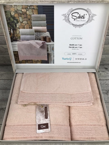 Подарочный набор полотенец для ванной 3 пр. Sikel STORE GUPUR хлопковая махра персиковый, фото, фотография