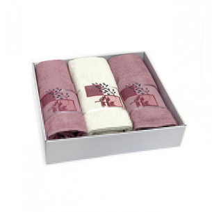 Подарочный набор полотенец для ванной 50х90(2), 70х140(1) Karven KARELI CICEK хлопковая махра кремовый/сухая роза