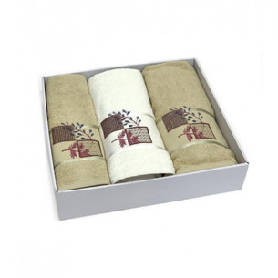 Подарочный набор полотенец для ванной 50х90(2), 70х140(1) Karven KARELI CICEK хлопковая махра кремовый/бежевый
