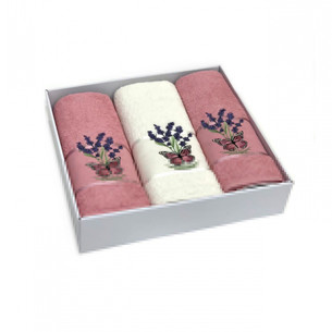 Подарочный набор полотенец для ванной 50х90(2), 70х140(1) Karven LAVANTA KELEBEK хлопковая махра кремовый/сухая роза