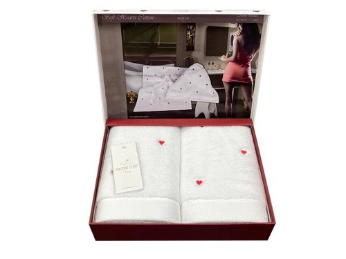 Набор полотенец для ванной 2 пр. Maison Dor SOFT HEARTS хлопковая махра белый/красный, фото, фотография