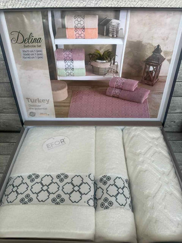 Набор полотенец для ванной с ковриком 3 пр. Efor DELINA хлопковая махра кремовый, фото, фотография