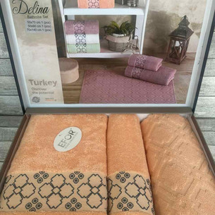 Набор полотенец для ванной с ковриком 3 пр. Efor DELINA хлопковая махра персиковый
