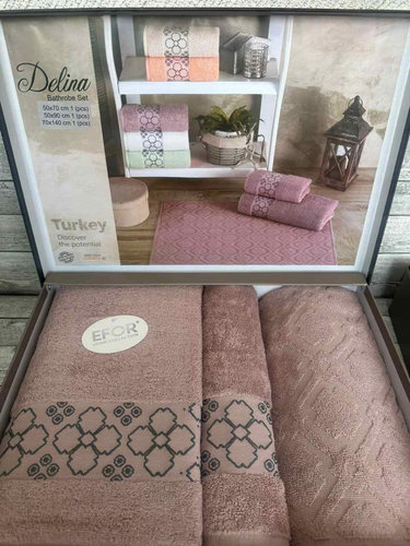 Набор полотенец для ванной с ковриком 3 пр. Efor DELINA хлопковая махра пудровый, фото, фотография