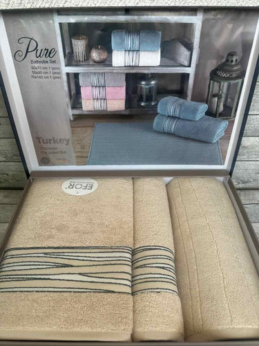 Набор полотенец для ванной с ковриком 3 пр. Efor PURE хлопковая махра бежевый, фото, фотография