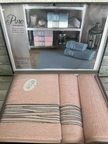 Набор полотенец для ванной с ковриком 3 пр. Efor PURE хлопковая махра розовый, фото, фотография