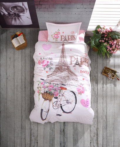 Детское постельное белье Karven YOUNG STYLE PARIS LOVE хлопковый ранфорс pink 1,5 спальный, фото, фотография