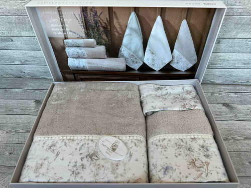 Набор полотенец для ванной в подарочной упаковке 3 пр. Pupilla LION хлопковая махра bej, фото, фотография