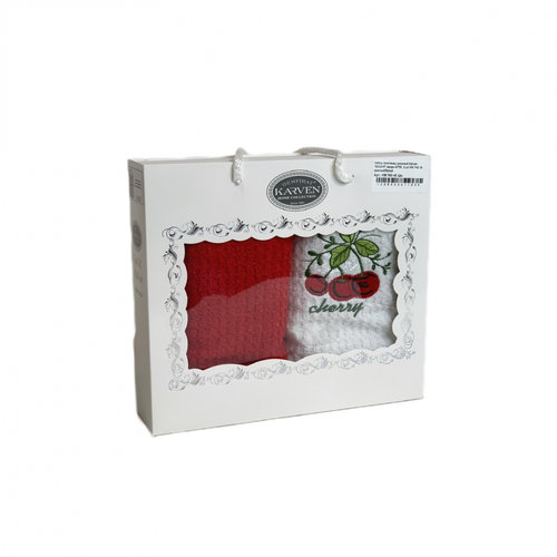 Подарочный набор кухонных полотенец 40х60(2) Karven ВИШНЯ хлопковая махра красный/белый, фото, фотография