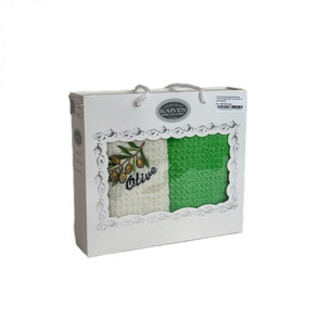 Подарочный набор кухонных полотенец 40х60(2) Karven ОЛИВА хлопковая махра кремовый/зелёный