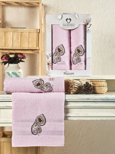 Подарочный набор полотенец для ванной 50х90, 70х140 Two Dolphins HAZAN хлопковая махра розовый, фото, фотография