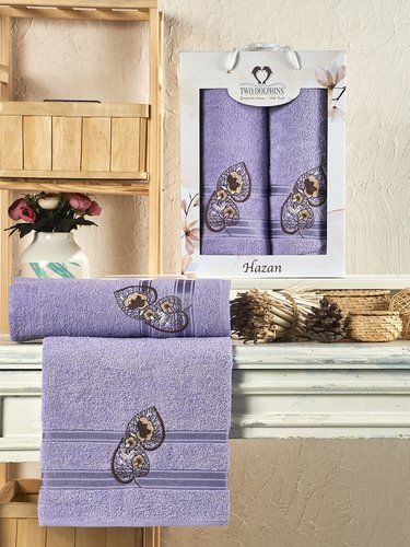 Подарочный набор полотенец для ванной 50х90, 70х140 Two Dolphins HAZAN хлопковая махра фиолетовый, фото, фотография