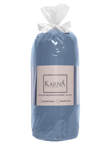 Простынь на резинке Karna ELINA хлопковый трикотаж голубой 160х200+30, фото, фотография