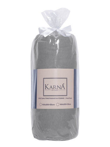 Простынь на резинке Karna ELINA хлопковый трикотаж серый 100х200+30, фото, фотография