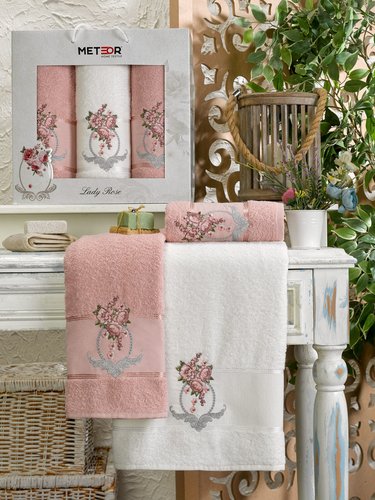 Подарочный набор полотенец для ванной 50х90(2), 70х140(1) Meteor LADY ROSE хлопковая махра розовый, фото, фотография