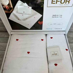 Подарочный набор полотенец для ванной 50х90, 70х140 Efor СЕРДЦЕ хлопковая махра белый+красный