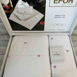 Подарочный набор полотенец для ванной 50х90, 70х140 Efor СЕРДЦЕ хлопковая махра белый+розовый
