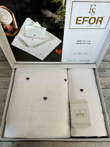 Подарочный набор полотенец для ванной 50х90, 70х140 Efor СЕРДЦЕ хлопковая махра белый+сиреневый, фото, фотография