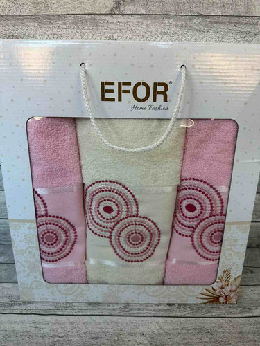 Подарочный набор полотенец для ванной 50х90(2), 70х140(1) Efor NOKTALI DAIRE хлопковая махра розовый, фото, фотография