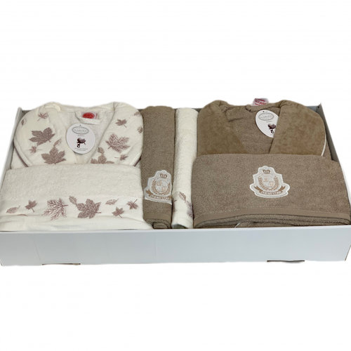 Набор халатов с полотенцами Karven ЛИСТЬЯ хлопковая махра krem+kahve V1 L/XL, фото, фотография