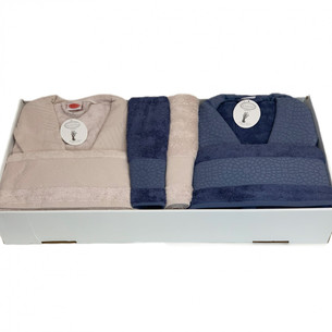 Набор халатов с полотенцами Karven JAGARLI хлопковая махра светло-пудровый+синий L/XL
