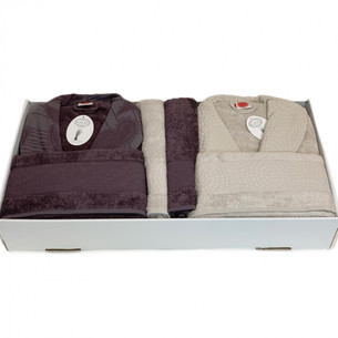 Набор халатов с полотенцами Karven JAGARLI хлопковая махра фиолетовый+бежевый L/XL
