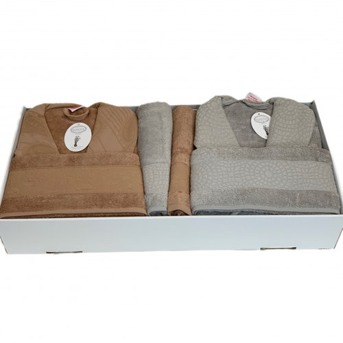 Набор халатов с полотенцами Karven JAGARLI хлопковая махра персиковый+серый L/XL, фото, фотография