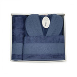 Подарочный набор с халатом Karven JAGARLI бамбуко-хлопковая махра тёмно-синий L/XL, фото, фотография
