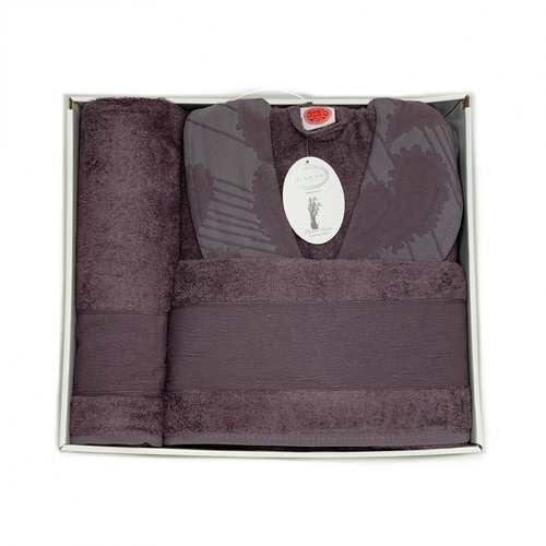 Подарочный набор с халатом Karven JAGARLI бамбуко-хлопковая махра фиолетовый L/XL, фото, фотография
