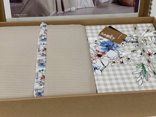 Постельное белье с покрывалом Sarev EVA BELLA хлопковый поплин bej 1,5 спальный, фото, фотография