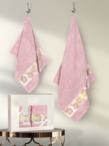 Подарочный набор полотенец для ванной 50х90, 70х140 Karna JASMIN хлопковая махра грязно-розовый, фото, фотография