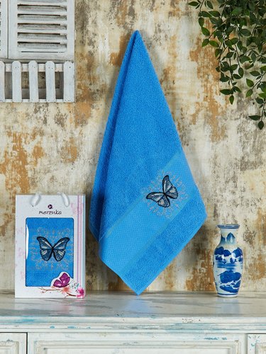 Полотенце для ванной в подарочной упаковке Merzuka KONTES хлопковая махра голубой 50х90, фото, фотография