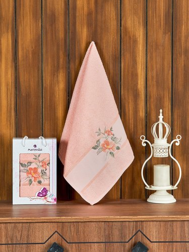 Полотенце для ванной в подарочной упаковке Merzuka DREAMS FLOWER хлопковая махра оранжевый 50х90, фото, фотография
