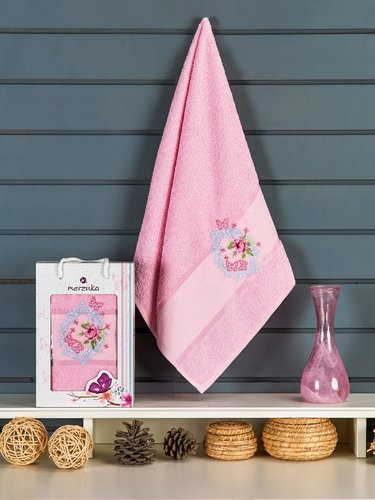 Полотенце для ванной в подарочной упаковке Merzuka BRENTIS хлопковая махра розовый 50х90, фото, фотография