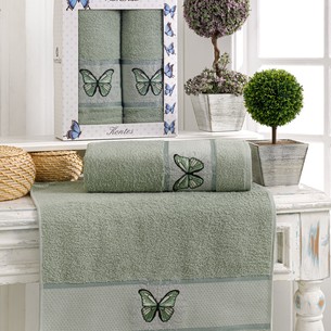 Подарочный набор полотенец для ванной 50х90, 70х140 Merzuka KONTES хлопковая махра зелёный