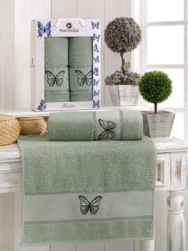 Подарочный набор полотенец для ванной 50х90, 70х140 Merzuka KONTES хлопковая махра зелёный, фото, фотография