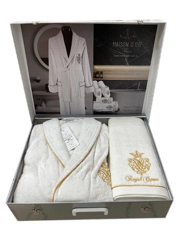 Подарочный набор с халатом Maison Dor ROYAL CROWN хлопковая махра кремовый S, фото, фотография