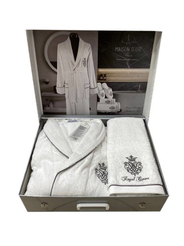 Подарочный набор с халатом Maison Dor ROYAL CROWN хлопковая махра белый M, фото, фотография