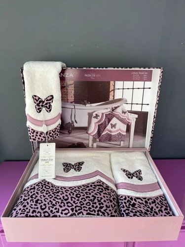 Набор полотенец для ванной 3 пр. Maison Dor ESPERANZA хлопковая махра кремовый+фиолетовый, фото, фотография
