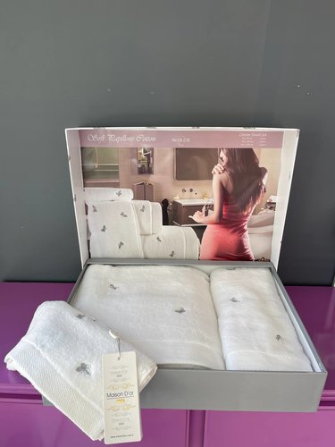 Набор полотенец для ванной 3 пр. Maison Dor REVE DE PAPILLON хлопковая махра белый+серый, фото, фотография