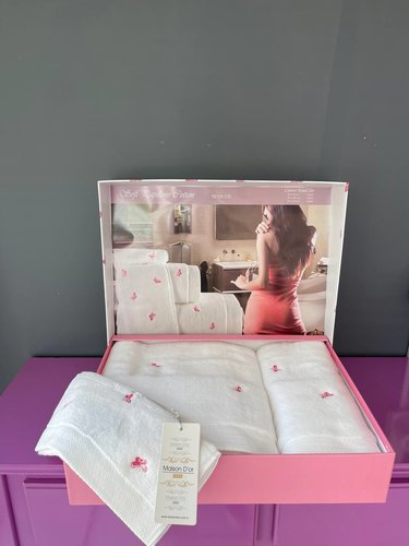 Набор полотенец для ванной 3 пр. Maison Dor REVE DE PAPILLON хлопковая махра белый+розовый, фото, фотография