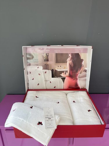 Набор полотенец для ванной 3 пр. Maison Dor REVE DE PAPILLON хлопковая махра белый+красный, фото, фотография