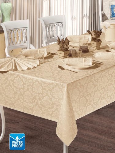 Скатерть прямоугольная с салфетками, кольцами Efor COTTON SET хлопок/полиэстер капучино 160х220, фото, фотография