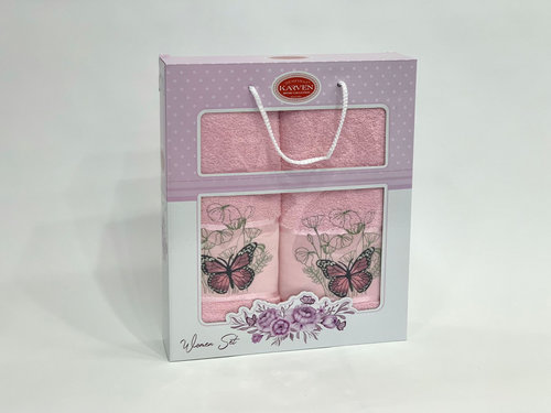 Подарочный набор полотенец для ванной 50х90, 70х140 Karven KELEBEK хлопковая махра светло-розовый, фото, фотография