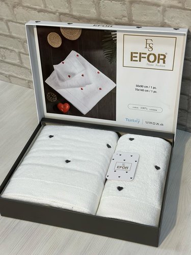 Подарочный набор полотенец для ванной 50х90, 70х140 Efor СЕРДЦЕ хлопковая махра белый+серый, фото, фотография