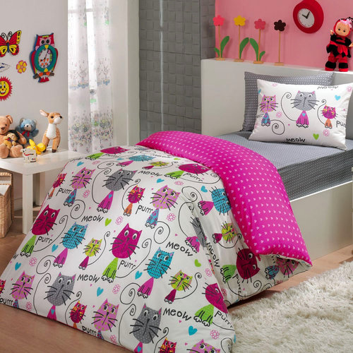 Постельное белье подростковое Hobby Home Collection MEOW хлопковый поплин fusya 1,5 спальный, фото, фотография
