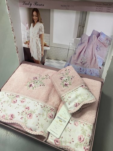 Набор полотенец для ванной 3 пр. Maison Dor LADY ROSES хлопковая/бамбуковая махра грязно-розовый, фото, фотография